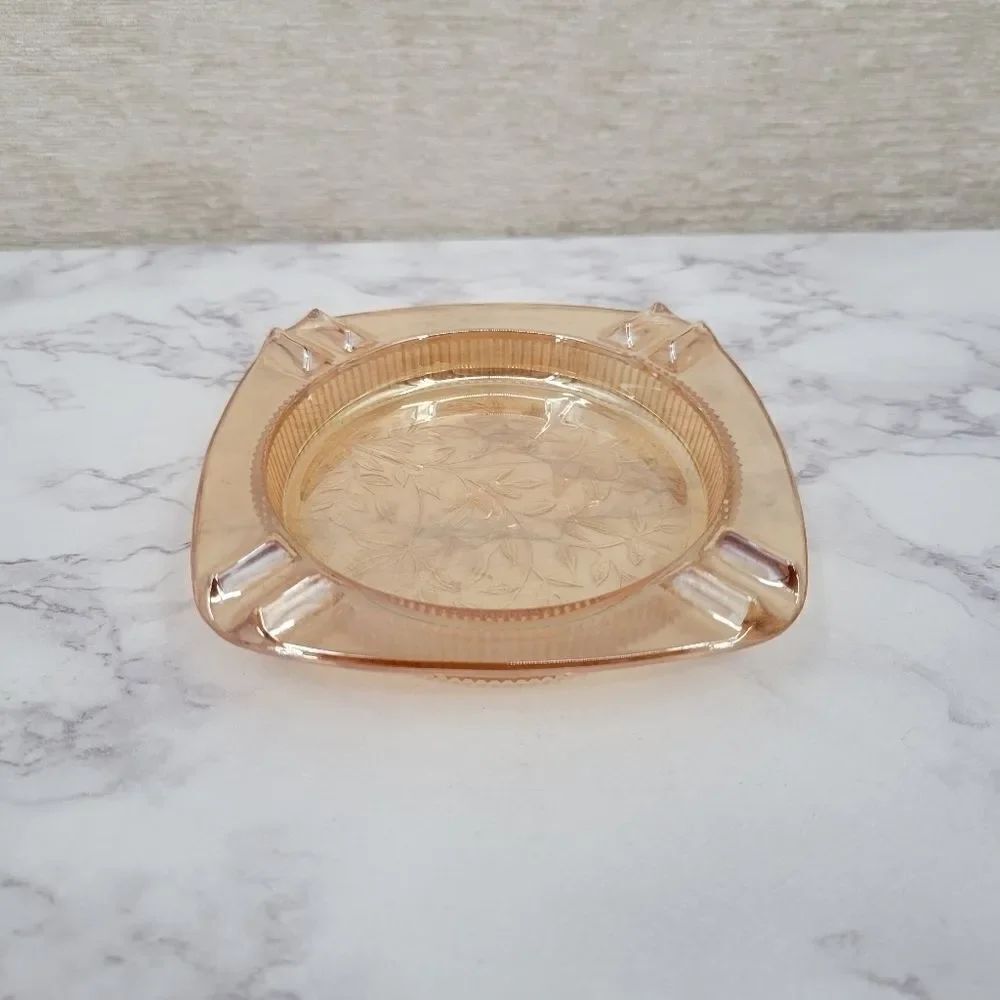 Jeannette Vintage Antique Peach Iridescent Ashtray Carnival Glass